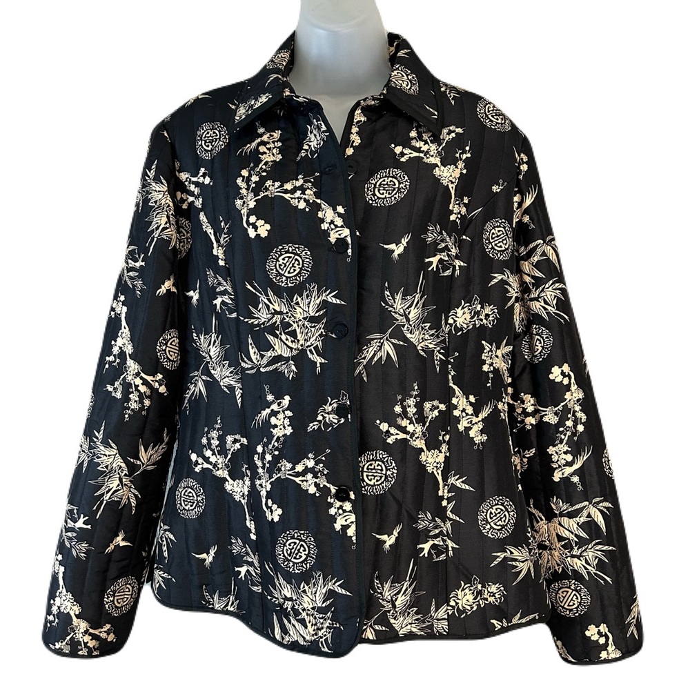 Carole Little Womens 100% Silk Quilted Jacket Size L Button Up Beaded Asian Luxe